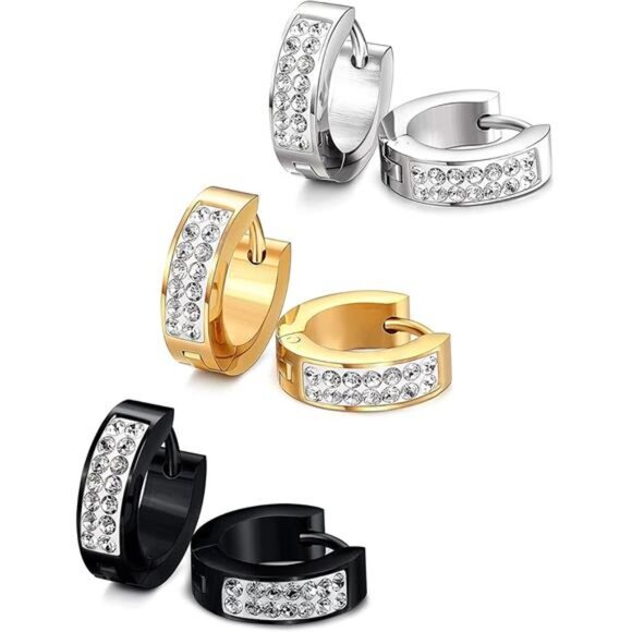 Stainless Steel Mens Hoop Earrings Huggie Earrings CZ Piercings 3 - Picture 3 of 7